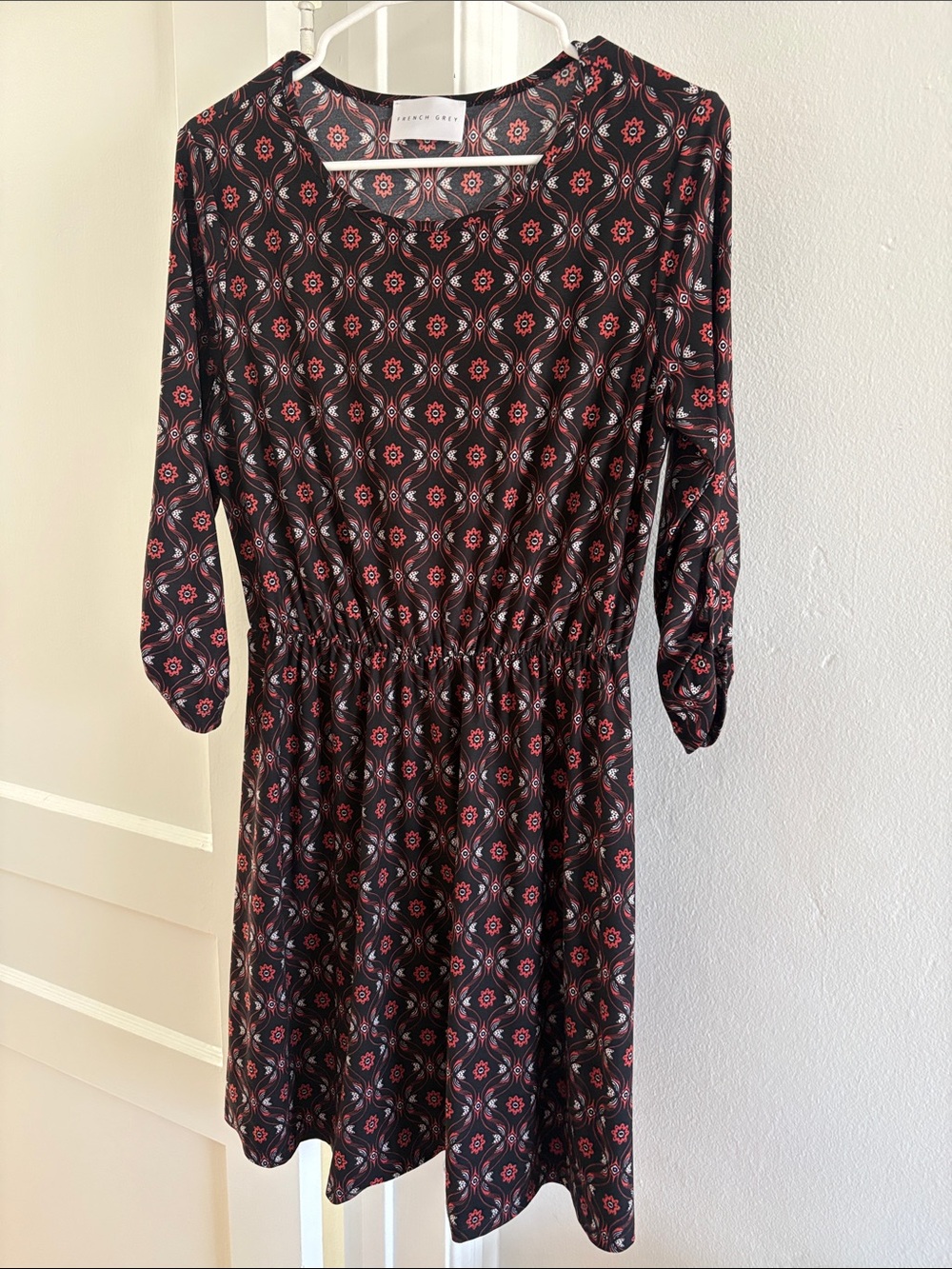 French Grey Black Long Sleeve Dress with Red Geometric Floral Print
